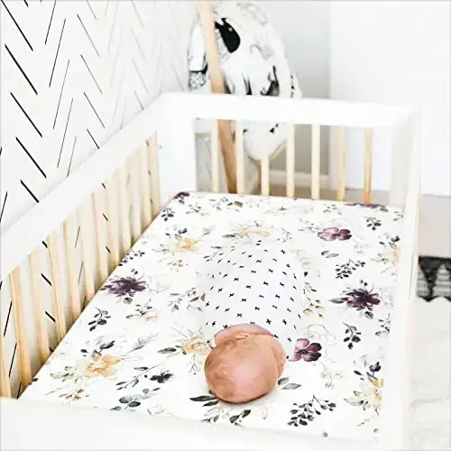 GRSSDER Stretchy Ultra Soft Jersey Knit Fitted Pack n Play Sheets Set 2 Pack,Fits Portable Playard/Mini Cribs Mattress Snug and Safe,Watercolor Purple Flora for Baby - 3