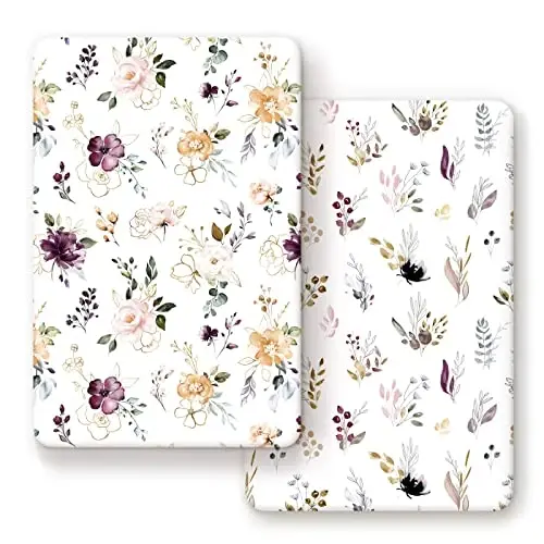GRSSDER Stretchy Ultra Soft Jersey Knit Fitted Pack n Play Sheets Set 2 Pack,Fits Portable Playard/Mini Cribs Mattress Snug and Safe,Watercolor Purple Flora for Baby - 1