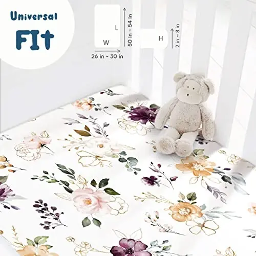 GRSSDER Stretchy Ultra Soft Jersey Knit Fitted Pack n Play Sheets Set 2 Pack,Fits Portable Playard/Mini Cribs Mattress Snug and Safe,Watercolor Purple Flora for Baby - 4