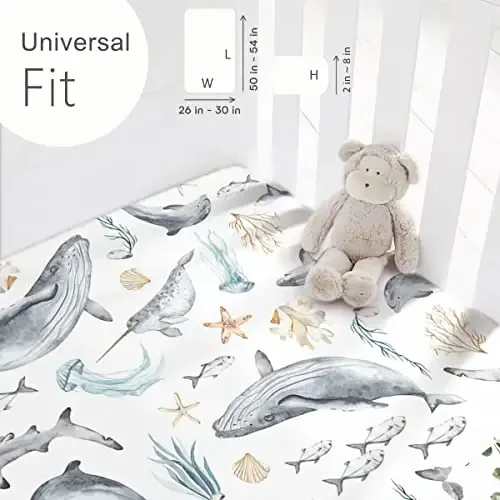 GRSSDER Stretchy Ultra Soft Jersey Trikotajli Fitted Crib choyshablar to'plami 2 dona, barcha standart Crib matraslariga mos, xavfsiz va qulay, o'g'il va qizlar uchun chiroyli dengiz organizmi - 3