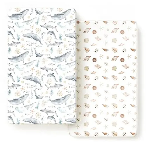 GRSSDER Stretchy Ultra Soft Jersey Trikotajli Fitted Crib choyshablar to'plami 2 dona, barcha standart Crib matraslariga mos, xavfsiz va qulay, o'g'il va qizlar uchun chiroyli dengiz organizmi 