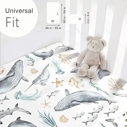 GRSSDER Stretchy Ultra Soft Jersey Trikotajli Fitted Crib choyshablar to'plami 2 dona, barcha standart Crib matraslariga mos, xavfsiz va qulay, o'g'il va qizlar uchun chiroyli dengiz organizmi - 3