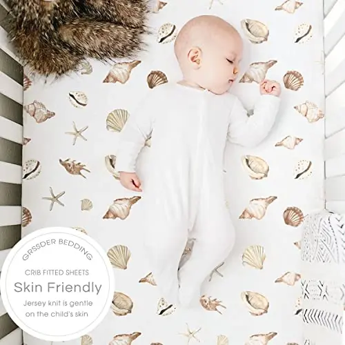 GRSSDER Stretchy Ultra Soft Jersey Trikotajli Fitted Crib choyshablar to'plami 2 dona, barcha standart Crib matraslariga mos, xavfsiz va qulay, o'g'il va qizlar uchun chiroyli dengiz organizmi - 5