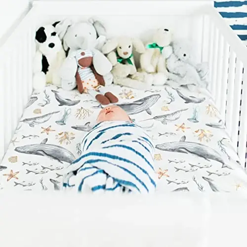 GRSSDER Stretchy Ultra Soft Jersey Trikotajli Fitted Crib choyshablar to'plami 2 dona, barcha standart Crib matraslariga mos, xavfsiz va qulay, o'g'il va qizlar uchun chiroyli dengiz organizmi - GRSSDER (1)