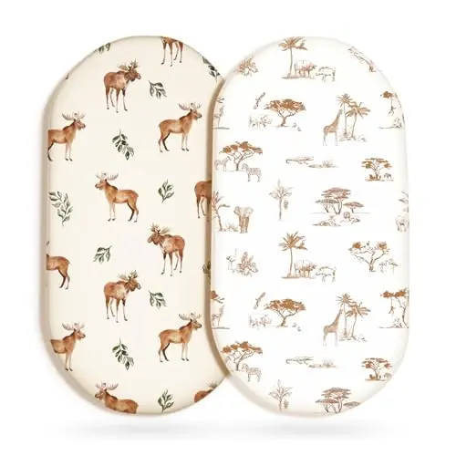 GRSSDER Ultra Soft Bassinet choyshablari 2 dona, Chiquvchi nafas oladigan trikotaj Bassinet matras choyshablari chaqaloq uchun, Universal Fitted Baby Cradle Moses savati Oval to'rtburchak matraslar xavfsiz va qulay, Hayvonlar bosma - GRSSDER