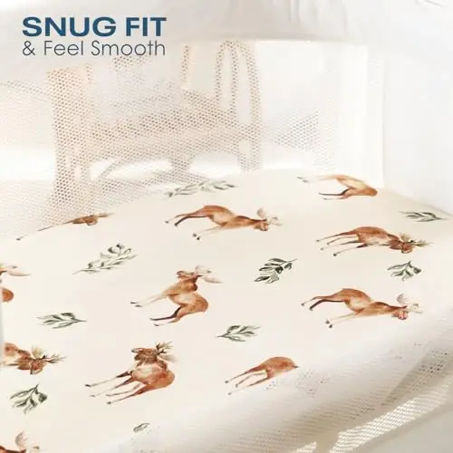 GRSSDER Ultra Soft Bassinet choyshablari 2 dona, Chiquvchi nafas oladigan trikotaj Bassinet matras choyshablari chaqaloq uchun, Universal Fitted Baby Cradle Moses savati Oval to'rtburchak matraslar xavfsiz va qulay, Hayvonlar bosma - 2