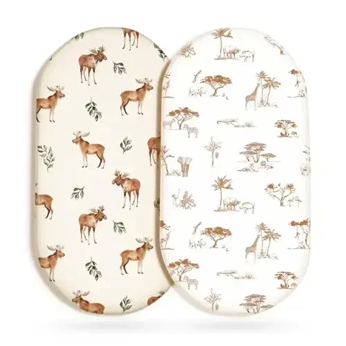 GRSSDER Ultra Soft Bassinet Sheets 2 Pack, Stretchy Breathable Knit Bassinet Mattress Sheets for Baby, Universal Fitted Baby Cradle Moses Basket Oval Rectangle Mattresses Safe and Snug, Animals Print 