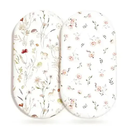 GRSSDER Ultra Soft Bassinet Sheets 2 Pack, Stretchy Breathable Knit Bassinet Mattress Sheets for Baby, Universal Fitted Baby Cradle Moses Basket Oval Rectangle Pads Safe and Snug, Stylish Flora 