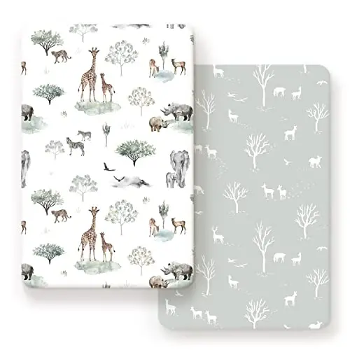 GRSSDER Ultra Soft Pack and Play Sheets, Stretchy Jersey Knit Pack n Play Sheets Fitted 2 Pack, Universal Fitted Portable/Mini Crib Mattresses Safe and Snug, Pretty African Savannah Animals - 1
