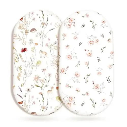 GRSSDER Ultra Soft Bassinet Sheets 2 Pack, Stretchy Breathable Knit Bassinet Mattress Sheets for Baby, Universal Fitted Baby Cradle Moses Basket Oval Rectangle Pads Safe and Snug, Stylish Flora - 1