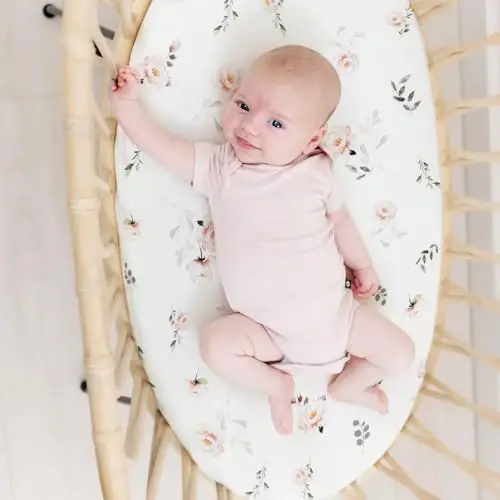GRSSDER Ultra Soft Bassinet Sheets 2 Pack, Stretchy Breathable Knit Bassinet Mattress Sheets for Baby, Universal Fitted Baby Cradle Moses Basket Oval Rectangle Pads Safe and Snug, Stylish Flora - 3