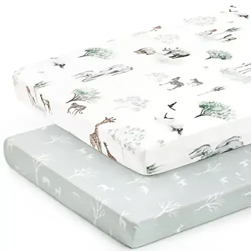 GRSSDER Ultra Soft Pack and Play Sheets, Stretchy Jersey Knit Pack n Play Sheets Fitted 2 Pack, Universal Fitted Portable/Mini Crib Mattresses Safe and Snug, Pretty African Savannah Animals - 2