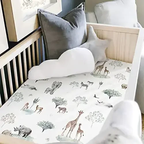 GRSSDER Ultra Soft Pack and Play Sheets, Stretchy Jersey Knit Pack n Play Sheets Fitted 2 Pack, Universal Fitted Portable/Mini Crib Mattresses Safe and Snug, Pretty African Savannah Animals - 3