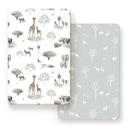GRSSDER Ultra Soft Pack and Play Sheets, Stretchy Jersey Knit Pack n Play Sheets Fitted 2 Pack, Universal Fitted Portable/Mini Crib Mattresses Safe and Snug, Pretty African Savannah Animals - GRSSDER