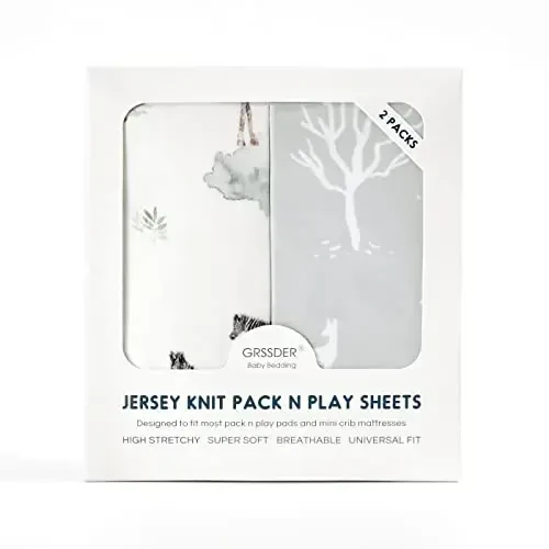 GRSSDER Ultra Soft Pack and Play Sheets, Stretchy Jersey Knit Pack n Play Sheets Fitted 2 Pack, Universal Fitted Portable/Mini Crib Mattresses Safe and Snug, Pretty African Savannah Animals - 4