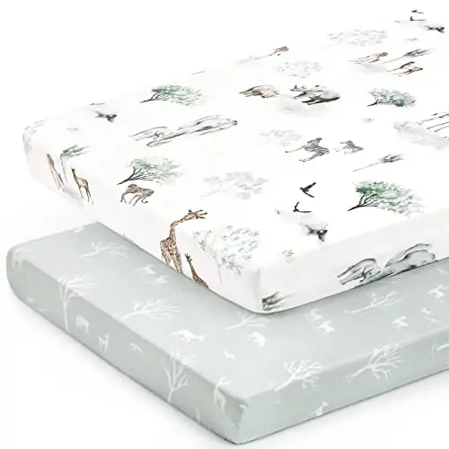 GRSSDER Ultra Soft Pack and Play Sheets, Stretchy Jersey Knit Pack n Play Sheets Fitted 2 Pack, Universal Fitted Portable/Mini Crib Mattresses Safe and Snug, Pretty African Savannah Animals - GRSSDER (1)