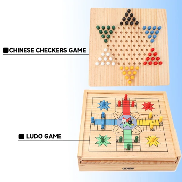 GSE Games & Sports Expert 9-in-1 Wooden Chess, Checkers, Backgammon, Chinese Checkers, Dominoes, Tic-Tac-Toe, Ludo, Play Card & Poker Dice Game Combo Set - 4