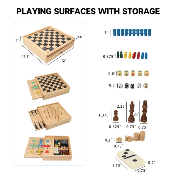 GSE Games & Sports Expert 9-in-1 Wooden Chess, Checkers, Backgammon, Chinese Checkers, Dominoes, Tic-Tac-Toe, Ludo, Play Card & Poker Dice Game Combo Set - 5