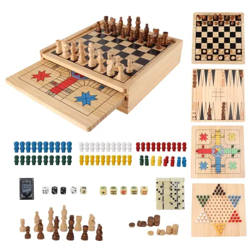 GSE Games & Sports Expert 9-in-1 Wooden Chess, Checkers, Backgammon, Chinese Checkers, Dominoes, Tic-Tac-Toe, Ludo, Play Card & Poker Dice Game Combo Set - 7