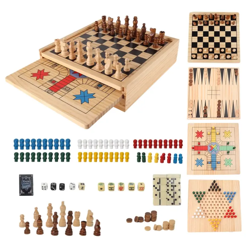GSE Games & Sports Expert 9-in-1 Wooden Chess, Checkers, Backgammon, Chinese Checkers, Dominoes, Tic-Tac-Toe, Ludo, Play Card & Poker Dice Game Combo Set - 7