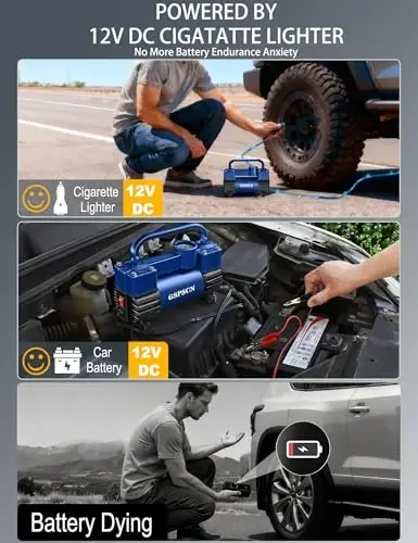 GSPSCN 6X Faster Inflation Tire Inflator Heavy Duty Double Cylinders with Portable Bag- Car Accessories，Metal 12V Air Compressor Pump 150PSI with Adapter for Car, Truck, SUV Tires, Dinghy, Air Bed - GSPSCN (1)