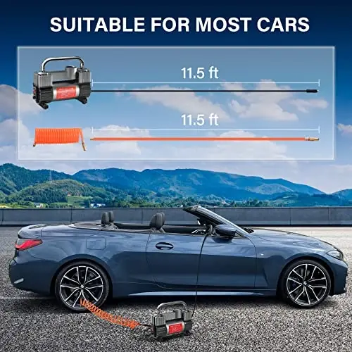 GSPSCN 6X Faster Inflation Tire Inflator Heavy Duty Double Cylinders with Portable Bag- Car Accessories，Metal 12V Air Compressor Pump 150PSI with Adapter for Car, Truck, SUV Tires, Dinghy, Air Bed - 5