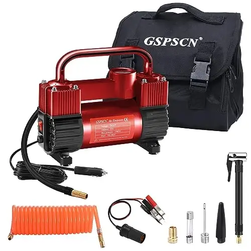 GSPSCN 6X Faster Inflation Tire Inflator Heavy Duty Double Cylinders with Portable Bag- Car Accessories, Metal 12V Air Compressor Pump 150PSI with Adapter for Car, Truck, SUV Tires, Dinghy, Air Bed - 4