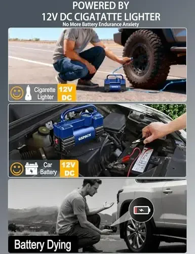 GSPSCN 6X Faster Inflation Tire Inflator Heavy Duty Double Cylinders with Portable Bag- Car Accessories，Metal 12V Air Compressor Pump 150PSI with Adapter for Car, Truck, SUV Tires, Dinghy, Air Bed - GSPSCN (1)