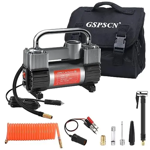 GSPSCN 6X Faster Inflation Tire Inflator Heavy Duty Double Cylinders with Portable Bag- Car Accessories，Metal 12V Air Compressor Pump 150PSI with Adapter for Car, Truck, SUV Tires, Dinghy, Air Bed - 4