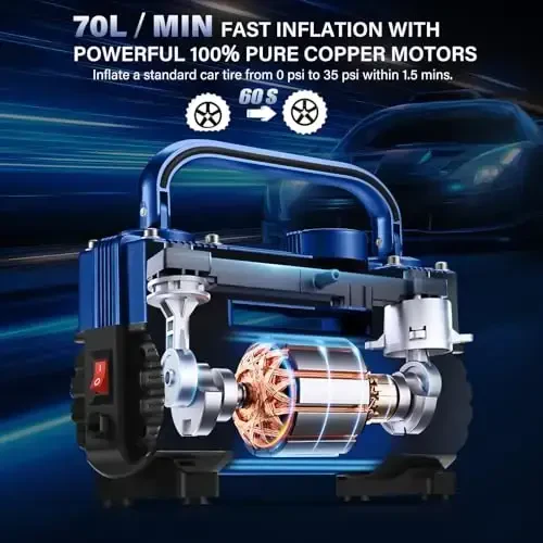 GSPSCN 6X Tezroq Shinalarni Shishirish Og'ir Yukga Bardoshli Ikki Silindrli Portativ Sumkali- Avtomobil Aksessuarlari, Metall 12V Havo Kompressor Nasosi 150PSI Avtomobil, Yuk mashinasi, SUV Shinalari, Qayiq, Havo Yotog'i uchun Adapter bilan - 1