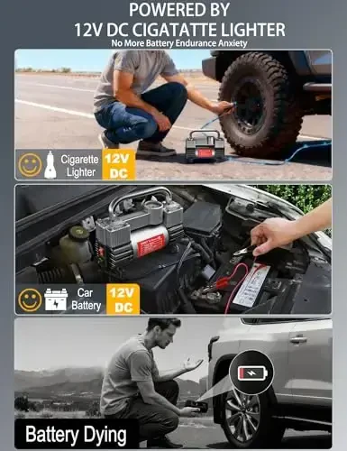 GSPSCN 6X Tezroq Shinalarni Shishiruvchi Og'ir Yuk Ikki Silindrli Portativ Sumkali - Avtomobil Aksessuarlari, Metall 12V Havo Kompressor Nasosi 150PSI Avtomobil, Yuk mashinalari, SUV Shinalari, Qayiq, Havo Yotog'i uchun Adapter bilan - 2