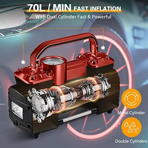 GSPSCN Dual Cylinder DC 12V Air Compressor for Car, Heavy Duty Portable Tire Inflator,Tire Pump 150PSI with LED Light for Auto,Truck,SUV, RV,Balls etc (RED) - 4