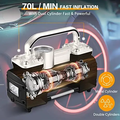 GSPSCN Silver Dual Cylinder 12V Air Compressor Pump for Car, Heavy Duty Portable Tire Inflator 150PSI with LED Work Lights for Auto,Truck,SUV, RV,Balls etc - 4