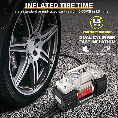GSPSCN Silver Dual Cylinder 12V Air Compressor Pump for Car, Heavy Duty Portable Tire Inflator 150PSI with LED Work Lights for Auto,Truck,SUV, RV,Balls etc - 5