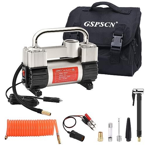 GSPSCN Silver Tire Inflator Heavy Duty Double Cylinders with Portable Bag- Car Accessories，Metal 12V Air Compressor Pump 150PSI with Adapter for Car, Truck, SUV Tires, Dinghy, Air Bed etc - GSPSCN