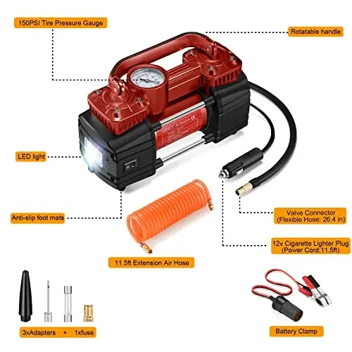 GSPSCN Ikki silindrli DC 12V avtomobil uchun havo kompressori, yuk ko'taruvchan portativ shinalarni shishiruvchi, avto, yuk mashinasi, SUV, RV, to'plar va boshqalar uchun LED yoritgichli 150PSI shinalar pompasi (QIZIL) - GSPSCN (1)