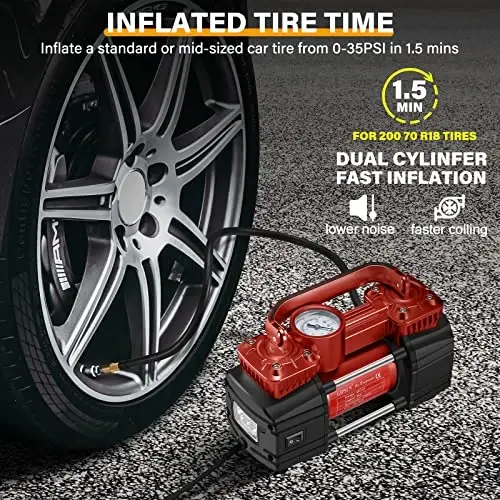 GSPSCN Ikki silindrli DC 12V avtomobil uchun havo kompressori, yuk ko'taruvchan portativ shinalarni shishiruvchi, avto, yuk mashinasi, SUV, RV, to'plar va boshqalar uchun LED yoritgichli 150PSI shinalar pompasi (QIZIL) - 5
