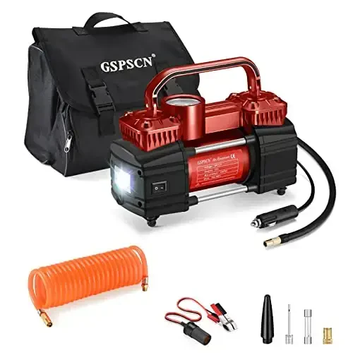 GSPSCN Ikki silindrli DC 12V avtomobil uchun havo kompressori, yuk ko'taruvchan portativ shinalarni shishiruvchi, avto, yuk mashinasi, SUV, RV, to'plar va boshqalar uchun LED yoritgichli 150PSI shinalar pompasi (QIZIL) - 1