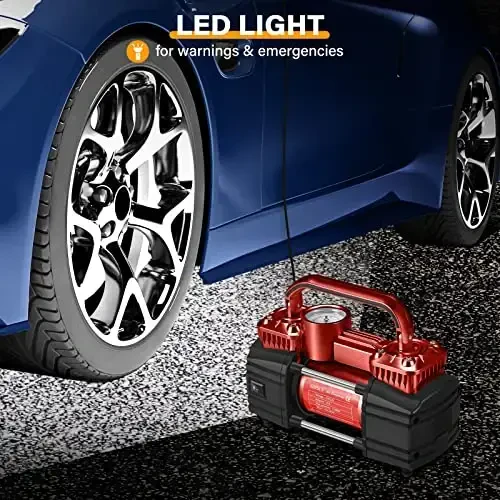 GSPSCN Ikki silindrli DC 12V avtomobil uchun havo kompressori, yuk ko'taruvchan portativ shinalarni shishiruvchi, avto, yuk mashinasi, SUV, RV, to'plar va boshqalar uchun LED yoritgichli 150PSI shinalar pompasi (QIZIL) - 6