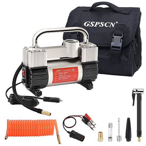 GSPSCN Kumush Shinalar Nasosi Og'ir Yuk Ko'taruvchi Ikkita Silindrli Portativ Sumka bilan - Avtomobil Aksessuarlari, Metall 12V Havo Kompressor Nasosi 150PSI Avtomobil, Yuk Mashinasi, SUV Shinalari, Dinghy, Havo To'shagi va boshqalar uchun Adapter bilan. - 1