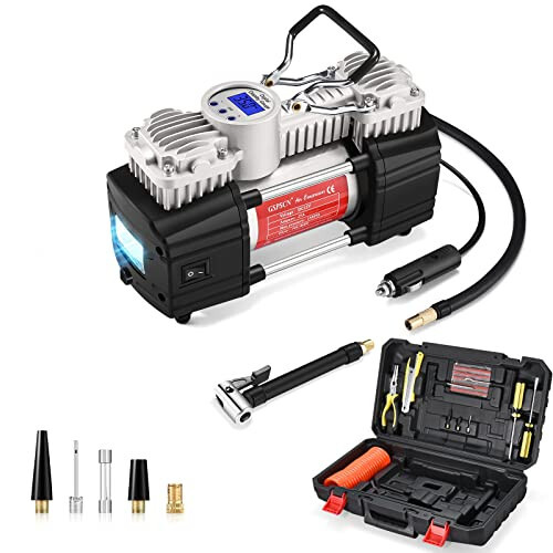 GSPSCN Portable Air Compressor Pump Tire Inflator with Digital Gauge, Heavy Duty Double Cylinder 12V Tire Pump 150 PSI with Tire Repair Kit and Toolbox for Auto, SUV, Off-Road, Truck, Bike - GSPSCN