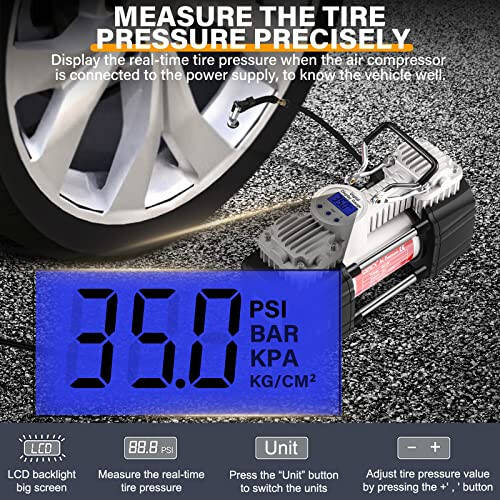 GSPSCN Portable Air Compressor Pump Tire Inflator with Digital Gauge, Heavy Duty Double Cylinder 12V Tire Pump 150 PSI with Tire Repair Kit and Toolbox for Auto, SUV, Off-Road, Truck, Bike - 5