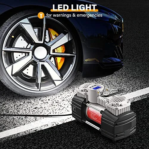GSPSCN Portable Air Compressor Pump Tire Inflator with Digital Gauge, Heavy Duty Double Cylinder 12V Tire Pump 150 PSI with Tire Repair Kit and Toolbox for Auto, SUV, Off-Road, Truck, Bike - 6