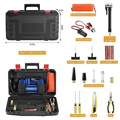 GSPSCN Portable Air Compressor Pump Tire Inflator with Digital Gauge, Heavy Duty Double Cylinder 12V Tire Pump 150 PSI with Tire Repair Kit and Toolbox for Auto,SUV,Off-Road,Truck,Bike (Blue) - GSPSCN (1)