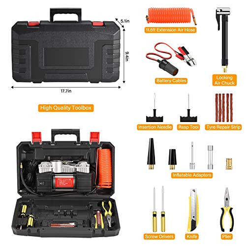 GSPSCN Portativ Havo Kompressori Shinani Shishirgich Raqamli O'lchagichli, Og'ir Yuk Ko'taruvchi Ikki Silindrli 12V Shinalar Nasosi 150 PSI Shinalarni Ta'mirlash To'plami va Avtomobil, SUV, Yo'ltanlamas, Yuk Mashinasi, Velosiped uchun Asoslar Qutisi bilan - 2