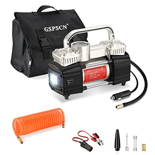GSPSCN Silver Dual Cylinder 12V Air Compressor Pump for Car, Heavy Duty Portable Tire Inflator 150PSI with LED Work Lights for Auto,Truck,SUV, RV,Balls etc - GSPSCN