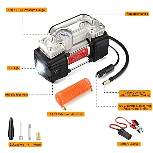 GSPSCN Silver Dual Cylinder 12V Air Compressor Pump for Car, Heavy Duty Portable Tire Inflator 150PSI with LED Work Lights for Auto,Truck,SUV, RV,Balls etc - 2