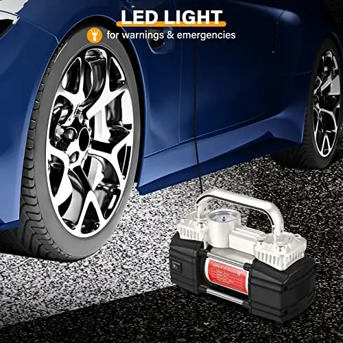 GSPSCN Silver Dual Cylinder 12V Air Compressor Pump for Car, Heavy Duty Portable Tire Inflator 150PSI with LED Work Lights for Auto,Truck,SUV, RV,Balls etc - 6