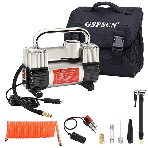 GSPSCN Silver Tire Inflator Heavy Duty Double Cylinders with Portable Bag- Car Accessories，Metal 12V Air Compressor Pump 150PSI with Adapter for Car, Truck, SUV Tires, Dinghy, Air Bed etc - 1
