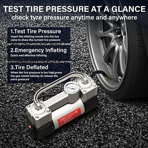 GSPSCN Silver Tire Inflator Heavy Duty Double Cylinders with Portable Bag- Car Accessories，Metal 12V Air Compressor Pump 150PSI with Adapter for Car, Truck, SUV Tires, Dinghy, Air Bed etc - 4